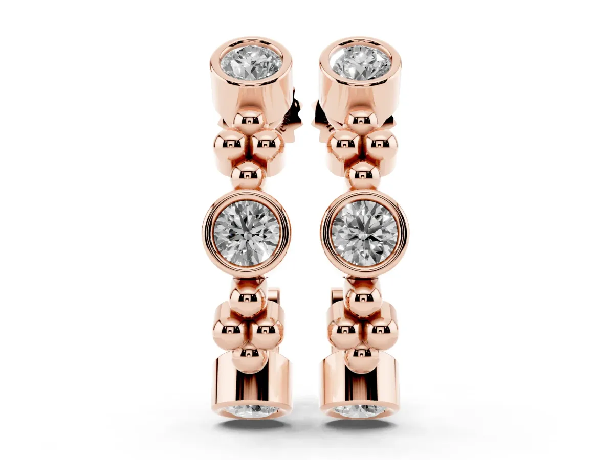 Bezel Set Round Diamond Beaded Hoop Earrings Rose gold