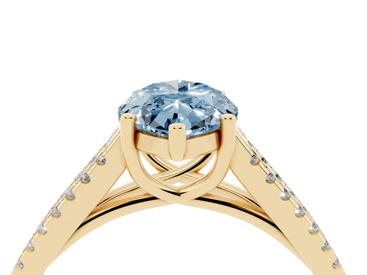 Fancy Blue Marquise Cut Diamond Solitaire Engagement Ring with Split Shank Pavé Band Yellow gold