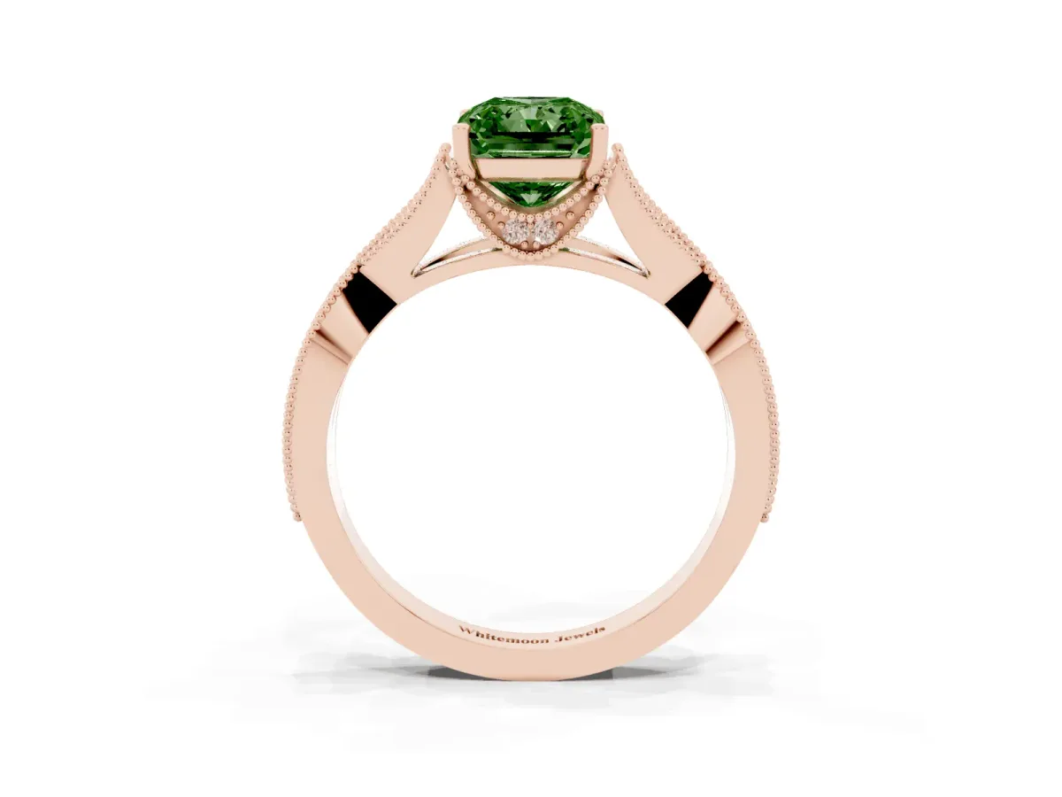 Fancy Green Radiant Cut Cut Diamond Twisted Band with Milgrain Pave Setting and Four-Prong Setting Rose gold