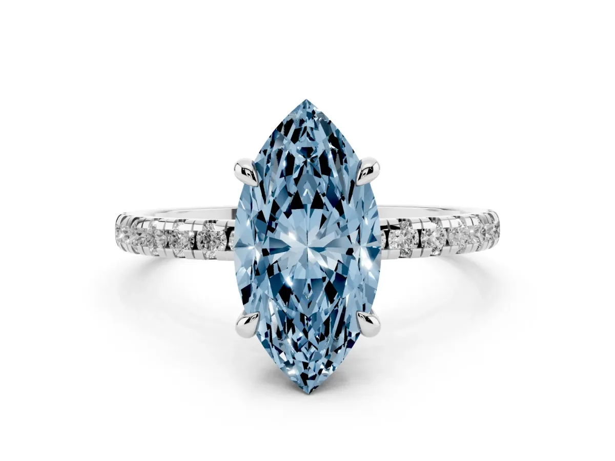 Fancy Blue Marquise Cut Diamond Brilliant Solitaire Ring with Pavé Band and Four-Prong Setting Silver