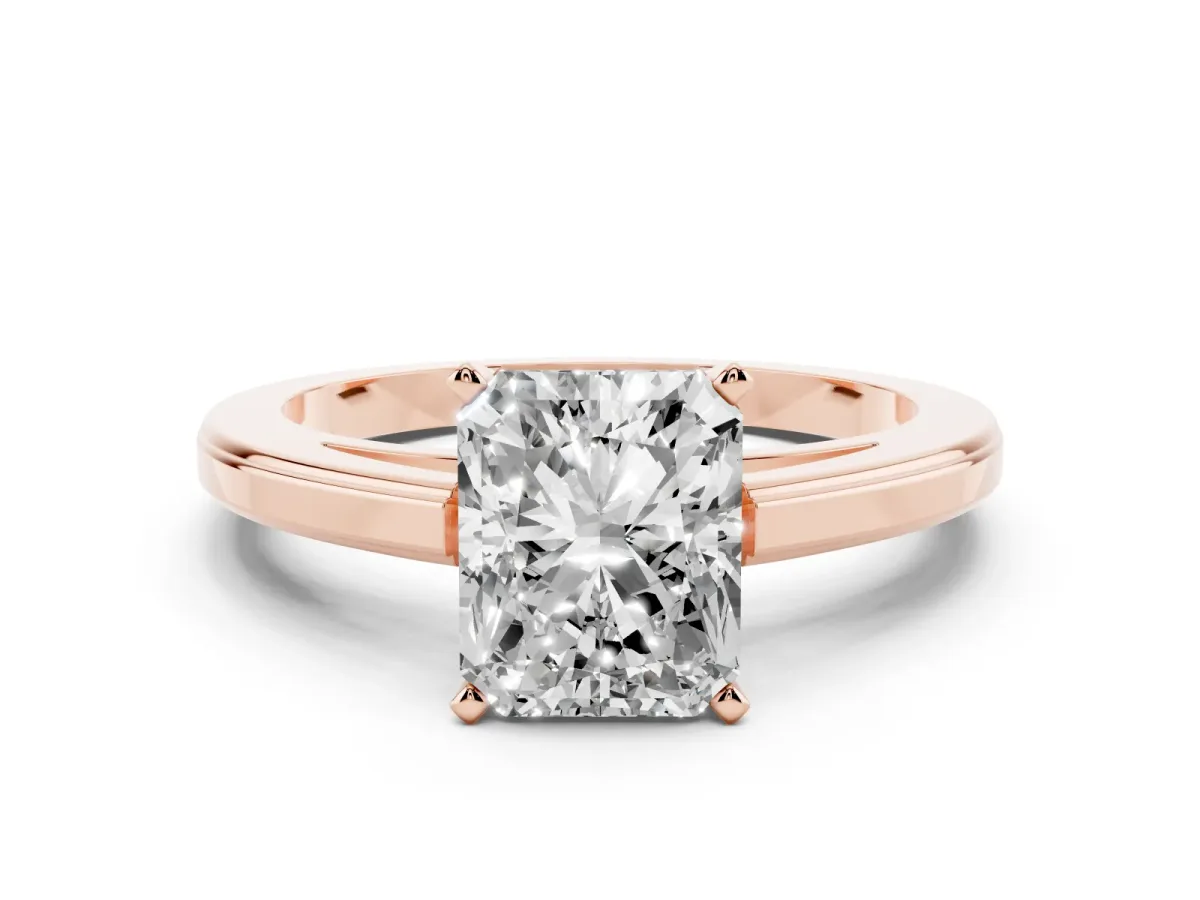 Radiant Cut Solitaire Diamond Ring with Four-Prong Setting and Classic Band Rose gold
