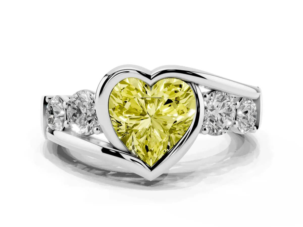Fancy Yellow Bezel Set Heart Cut Diamond Bypass Ring with Round Accents Silver