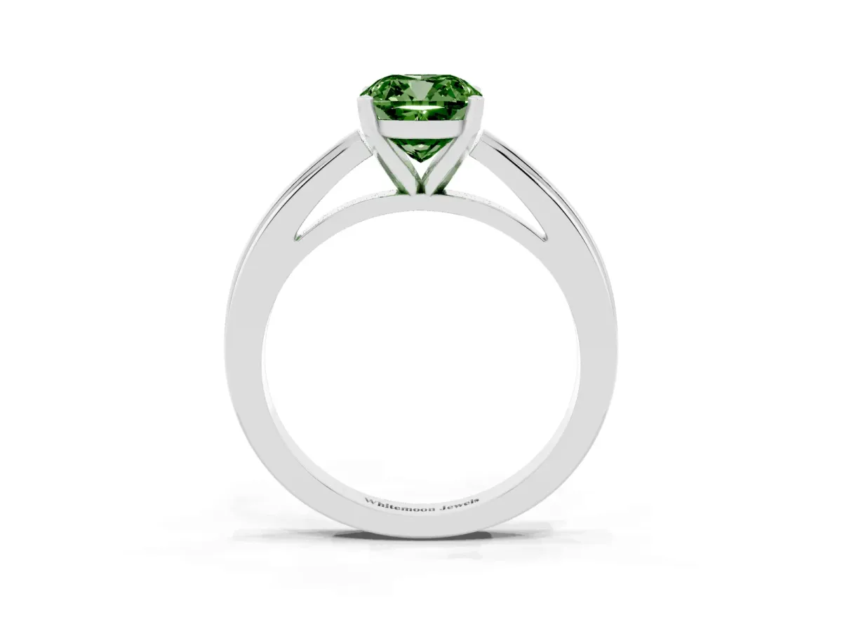 Fancy Green Cushion Cut Solitaire Diamond Ring with Four-Prong Setting and Classic Band Silver