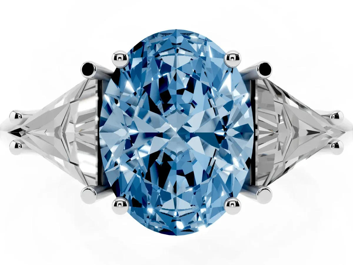 Fancy Blue Three-Stone Oval Cut Diamond Engagement Ring with Trillion Side Stones and Prong Setting Silver