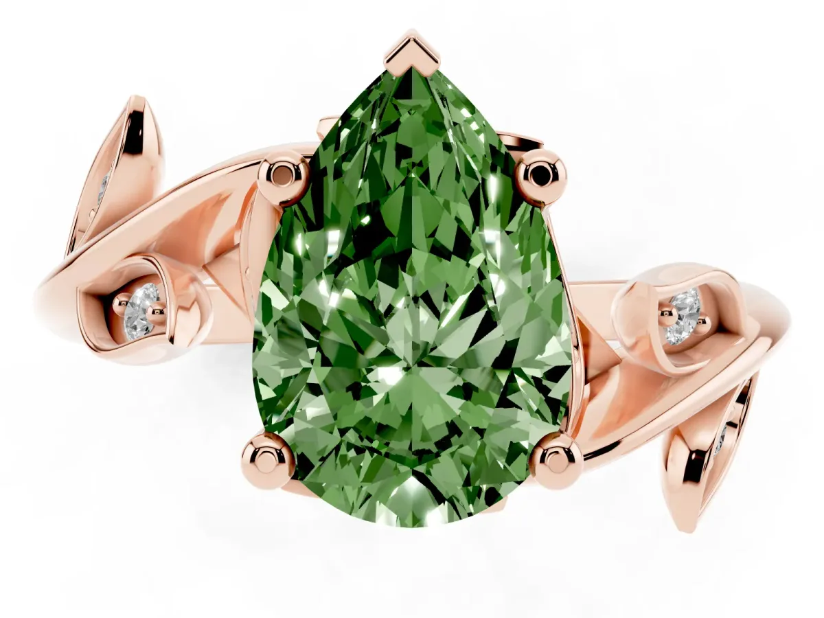 Fancy Green Pear Cut Solitaire Twist Engagement Ring with Leaf Accents and Prong Setting Rose gold