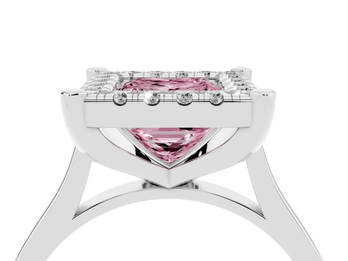 Fancy Pink Princess Cut Diamond Cluster Halo Solitaire with Four-Prong Setting Silver