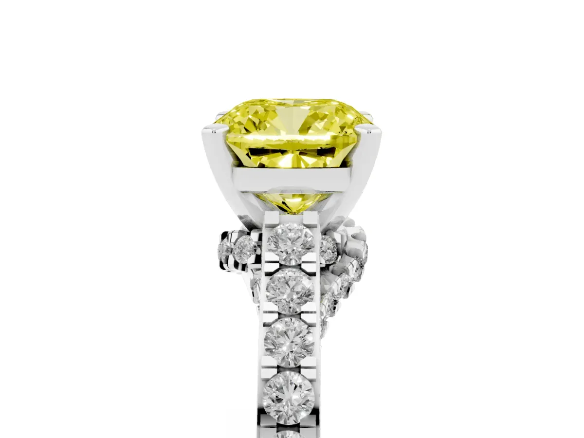 Fancy Yellow Cushion Cut Diamond Solitaire Ring with Crossover Gallery and Round Pavé Band Silver