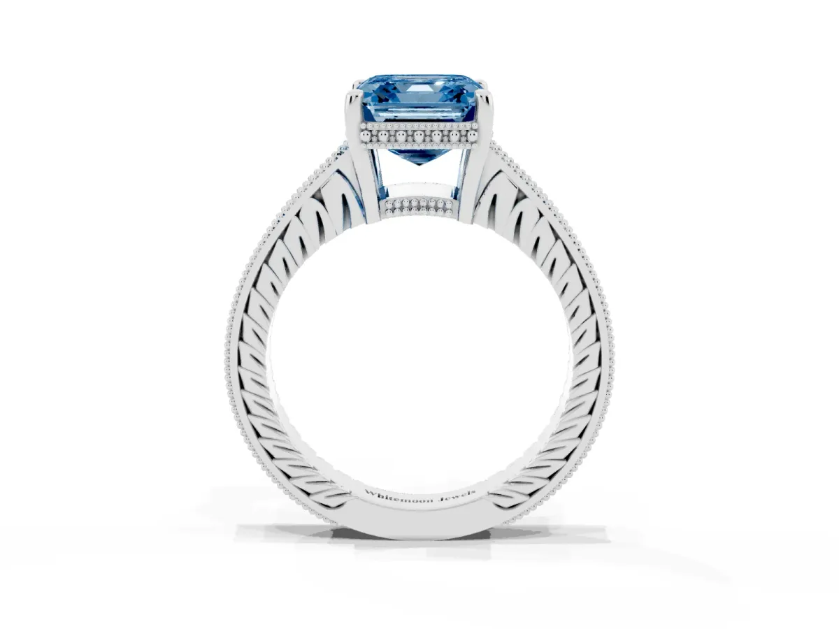 Fancy Blue Asscher Cut Solitaire Pavé Diamond Milgrain Engagement Ring with Four-Prong Setting Silver