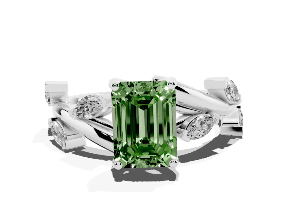 Fancy Green Emerald Cut Solitaire Twisted Band Marquise Accent Prong Setting Ring White gold