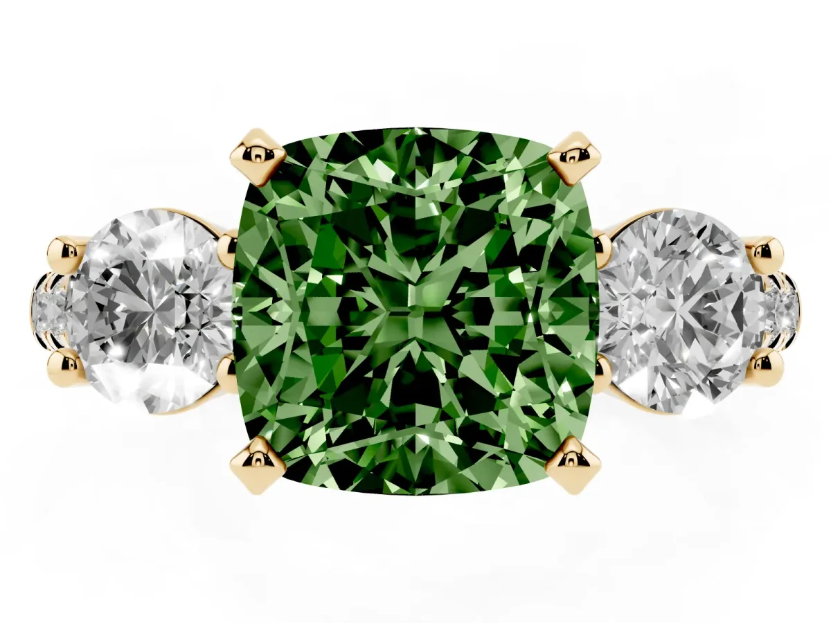 Fancy Green Three-Stone Cushion Cut Diamond Pavé Band with Four-Prong Setting Yellow gold