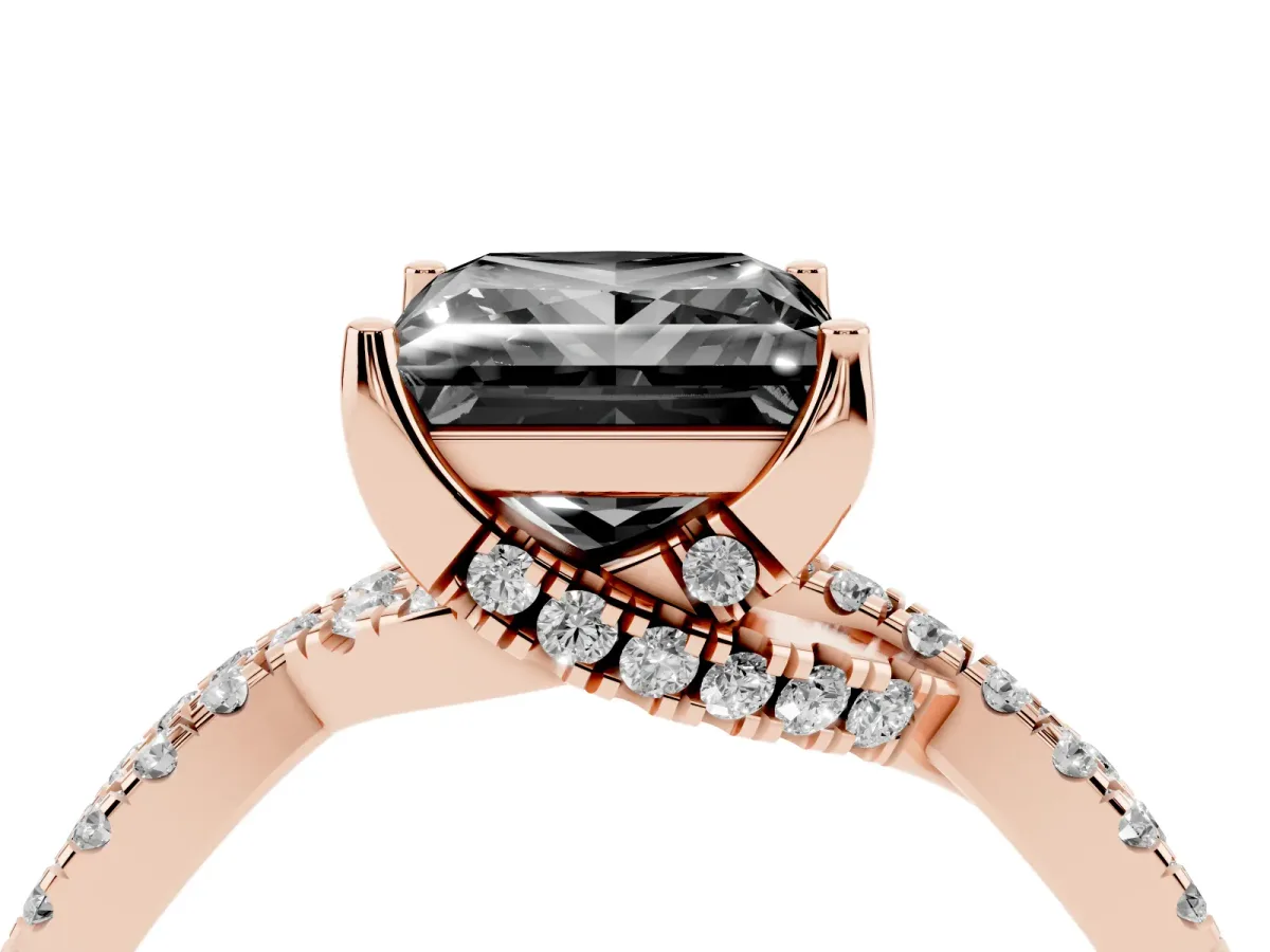 Fancy Black Princess Cut Solitaire Twist Pave Diamond Engagement Ring with Prong Setting Rose gold