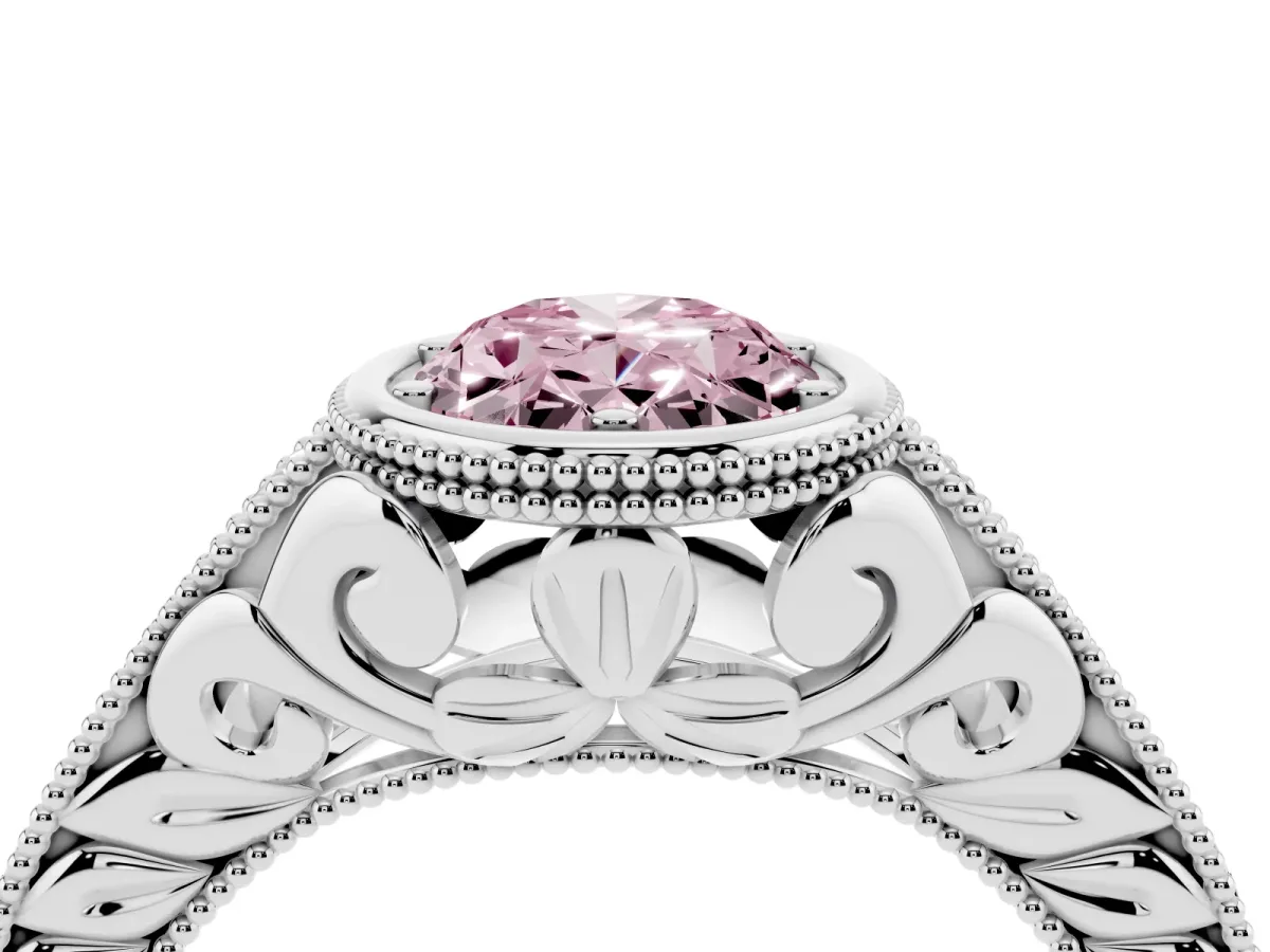 Fancy Pink Bezel Set Oval Cut Diamond Milgrain Pave Engagement Ring Silver