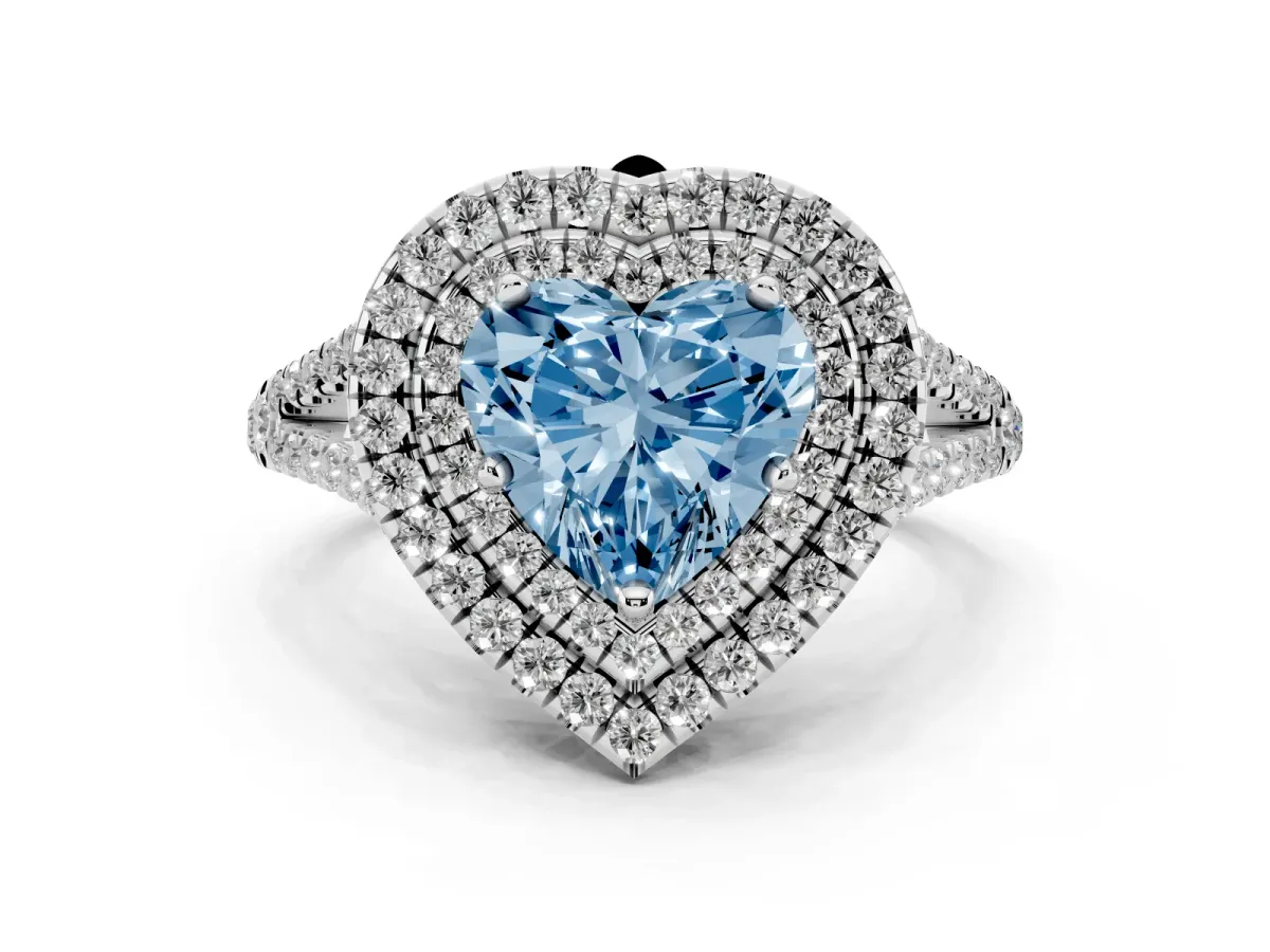 Fancy Blue Heart Cut Diamond Double Halo Ring with Pavé Band and Prong Setting Silver