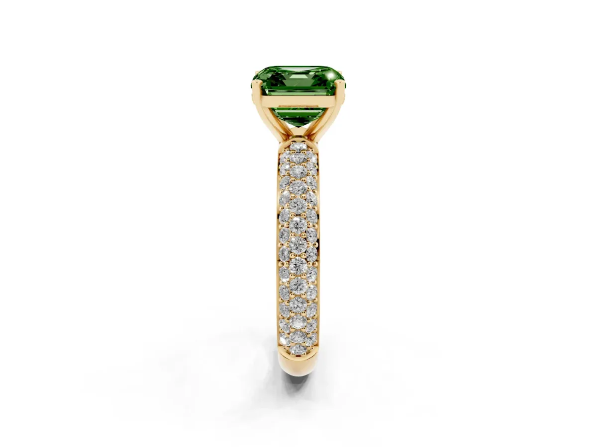 Fancy Green Asscher Cut Diamond Solitaire Ring with Prong Setting and Pavé Band Yellow gold