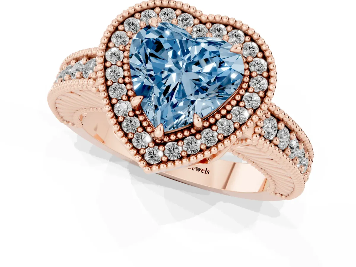 Fancy Blue Heart Cut Cut Halo Diamond Ring with Pavé Band and Four-Prong Setting Rose gold