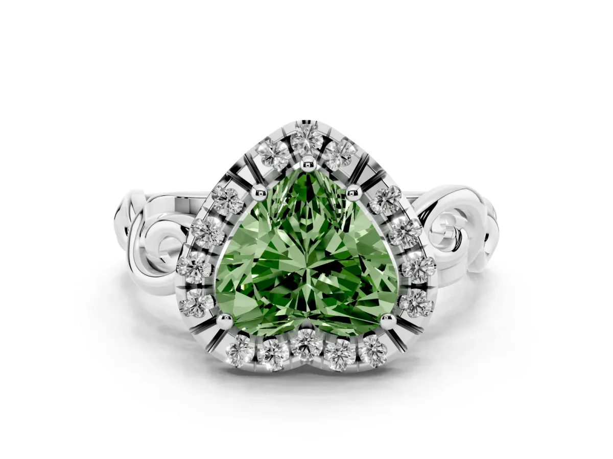 Fancy Green Heart Cut Cut Halo Diamond Ring with Scrollwork Band and Four-Prong Setting Silver
