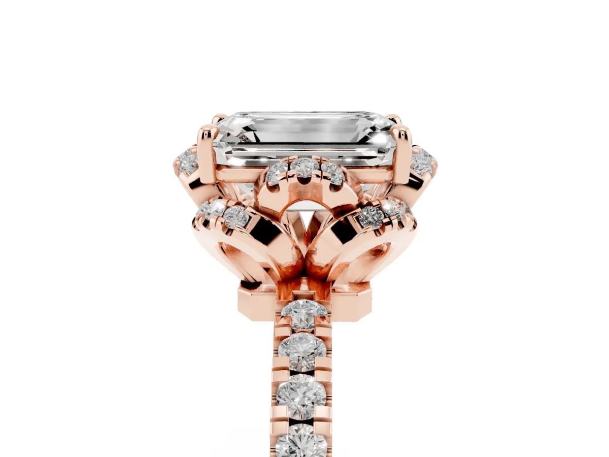 Emerald Cut Halo Diamond Pave Band Ring with Four-Prong Setting Rose gold