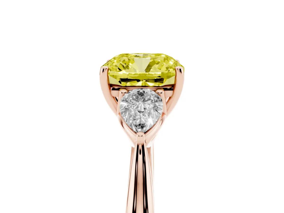 Fancy Yellow Cushion Cut Diamond Three-Stone Ring with Pear Side Stones and Prong Setting Rose gold
