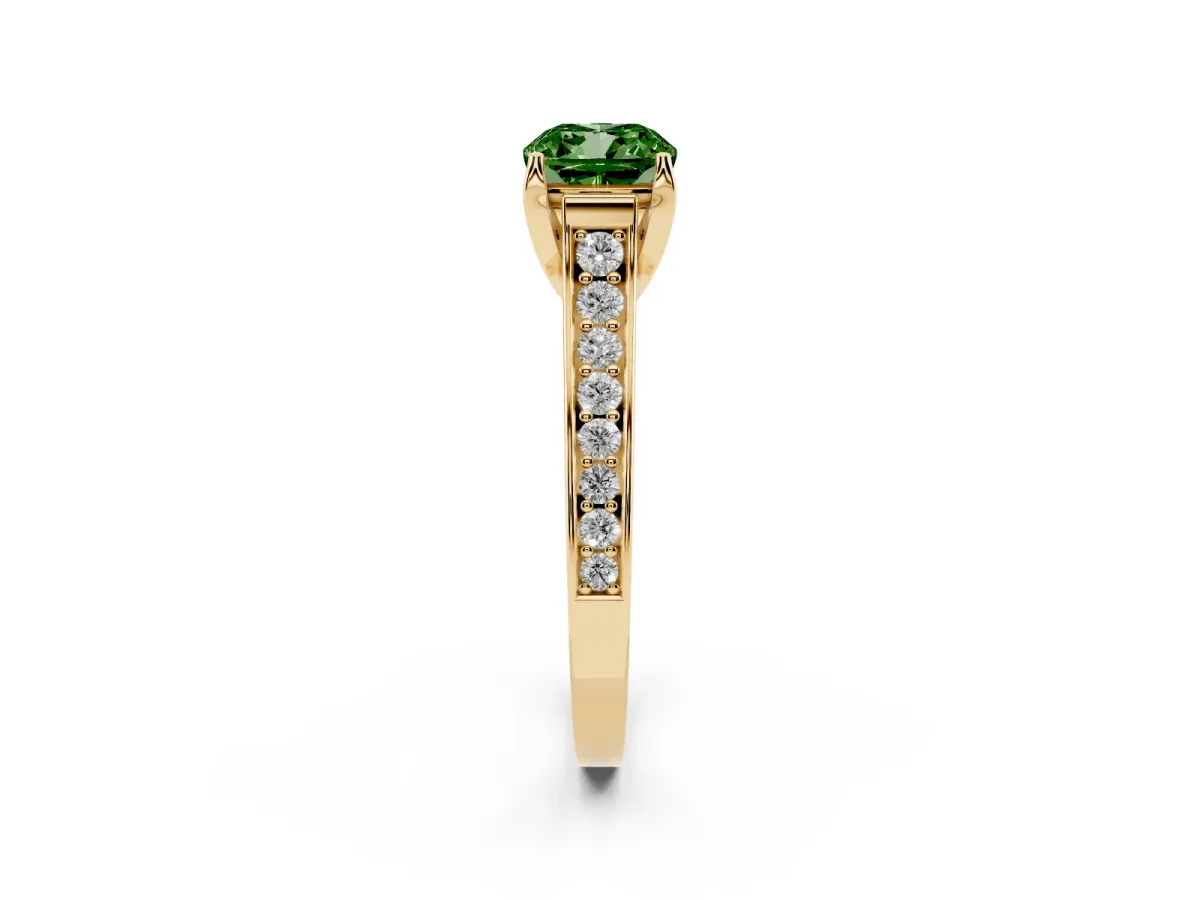 Fancy Green Cushion Cut Brilliant Cut Diamond Engagement Ring with Pavé Band and Four-Prong Setting Yellow gold