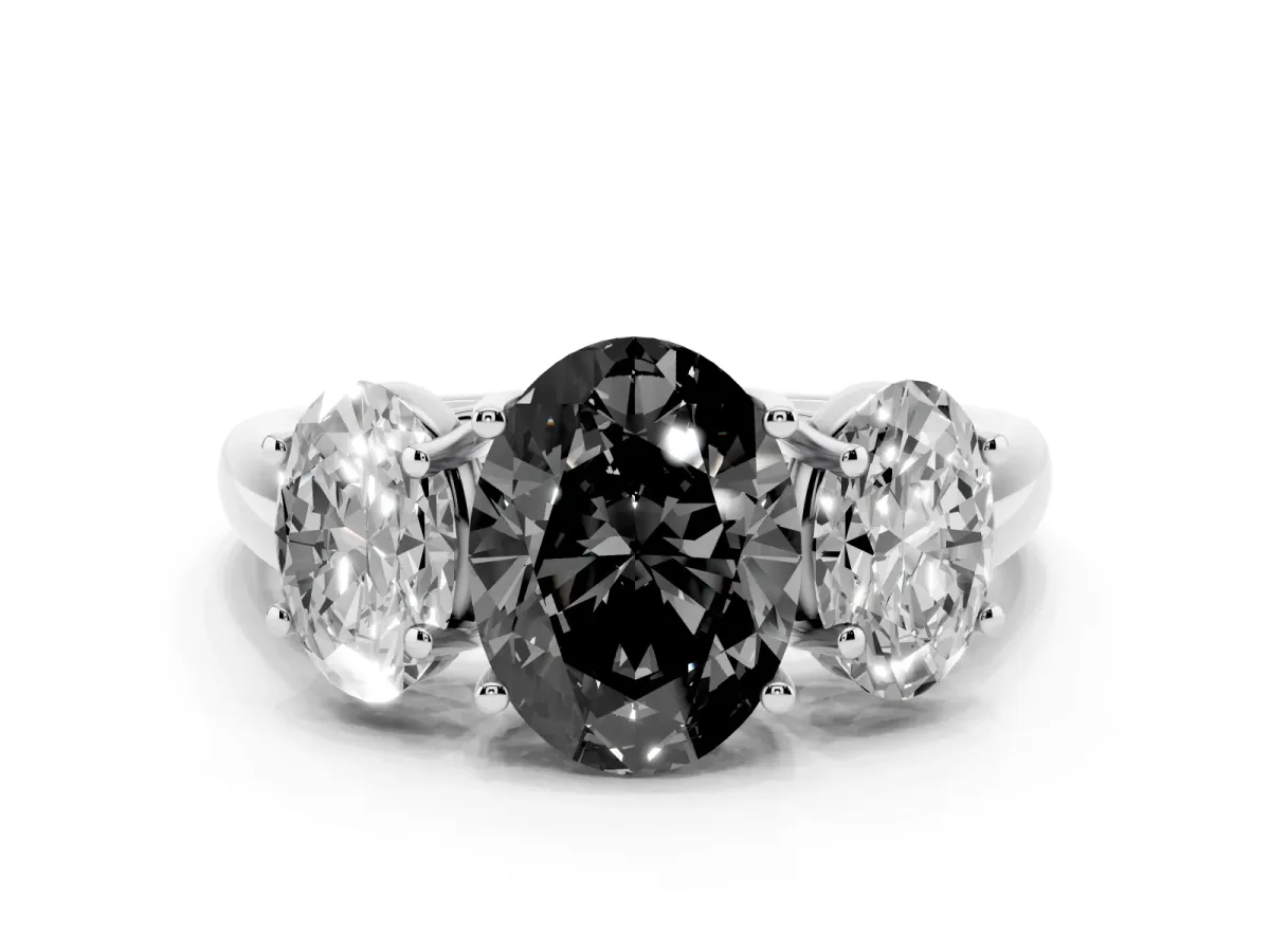 Fancy Black Three-Stone Oval Cut Diamond Engagement Ring with Prong Setting White gold