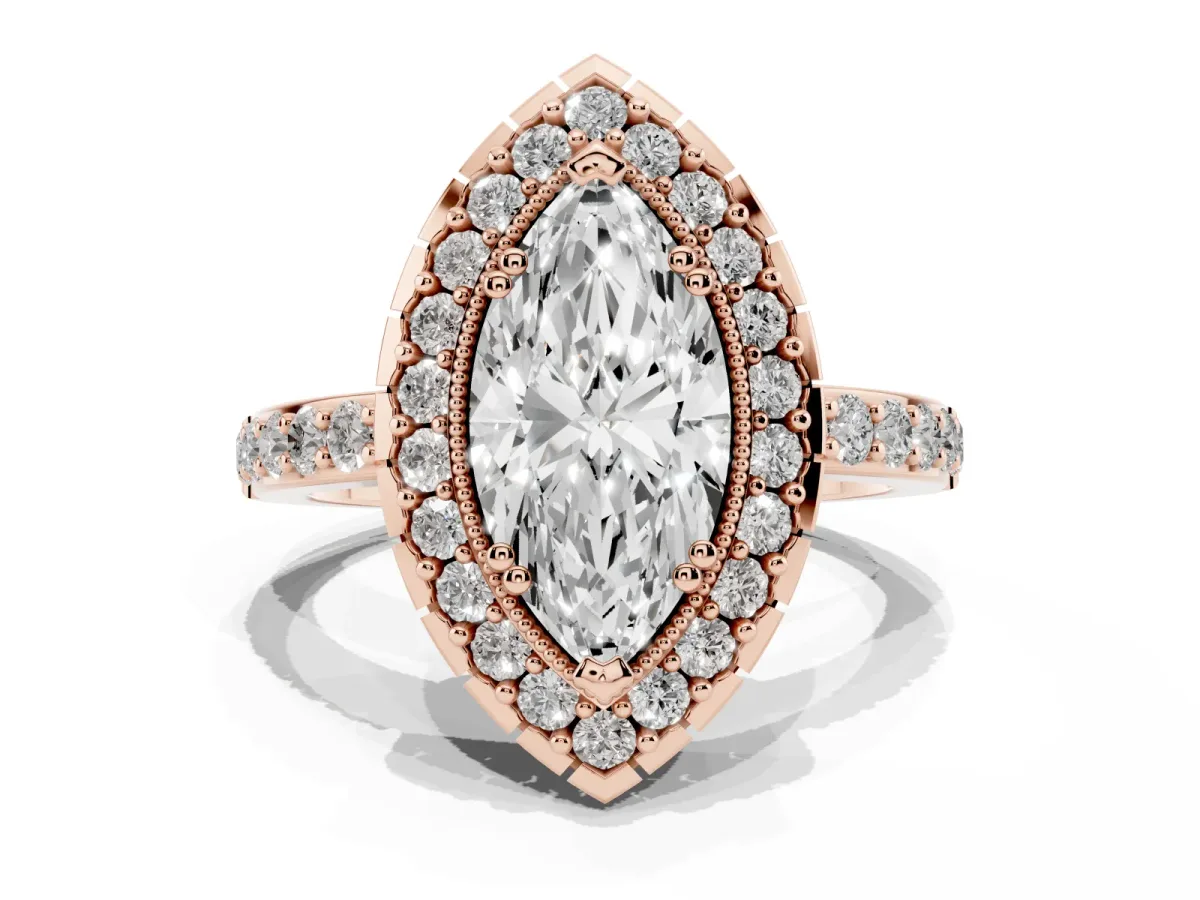 Marquise Cut Diamond Halo Ring with Pavé Band and Prong Setting Rose gold