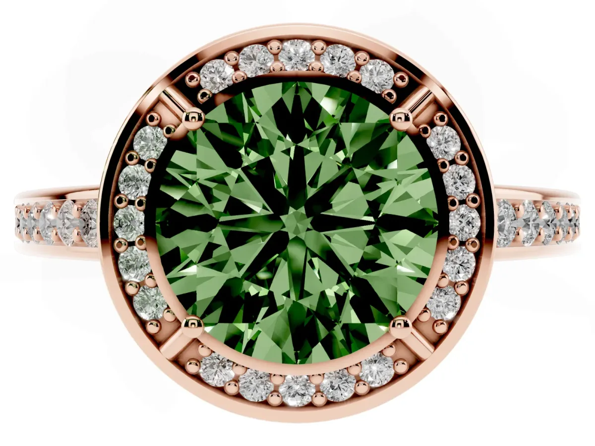 Fancy Green Round Cut Cut Halo Pave Split Shank Prong Setting Ring Rose gold
