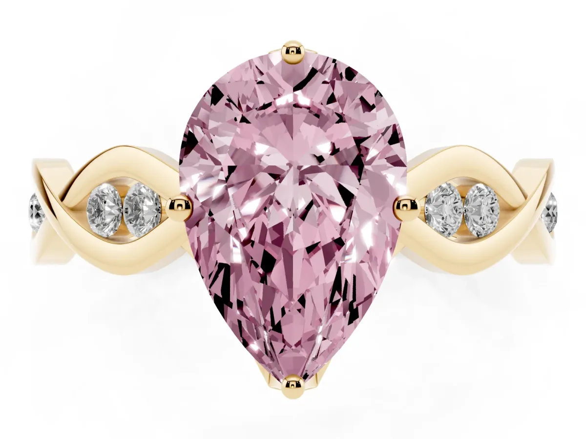 Fancy Pink Pear Cut Solitaire Twist Band with Leaf Prong Setting Yellow gold