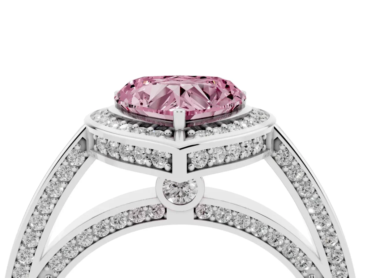 Fancy Pink Heart Cut Cut Halo Pave Split Shank Prong Setting Ring Silver