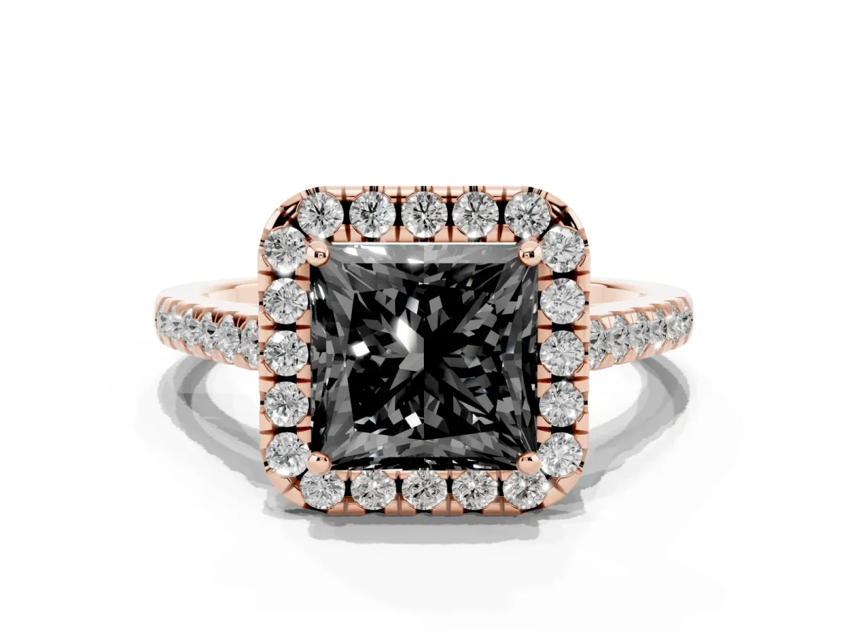 Fancy Black Princess Cut Halo Pave Diamond Engagement Ring with Four-Prong Setting Rose gold