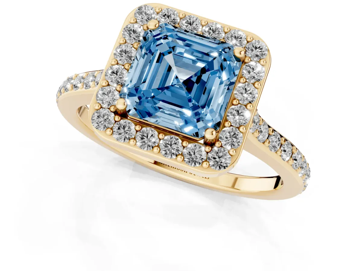 Fancy Blue Asscher Cut Diamond Halo Engagement Ring with Round Pavé Shoulders and Prong Setting Yellow gold