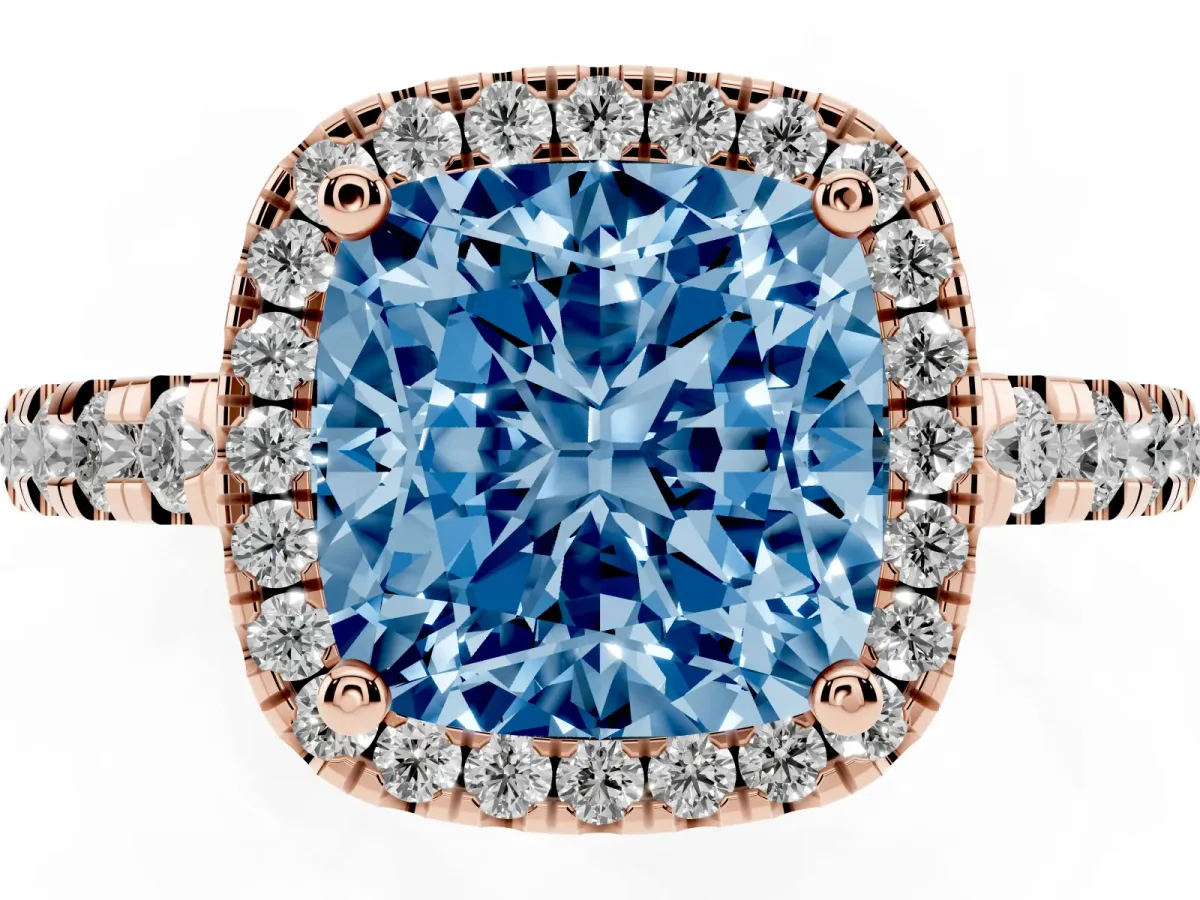 Fancy Blue Cushion Cut Diamond Halo Ring with Pavé Band and Four-Prong Setting Rose gold