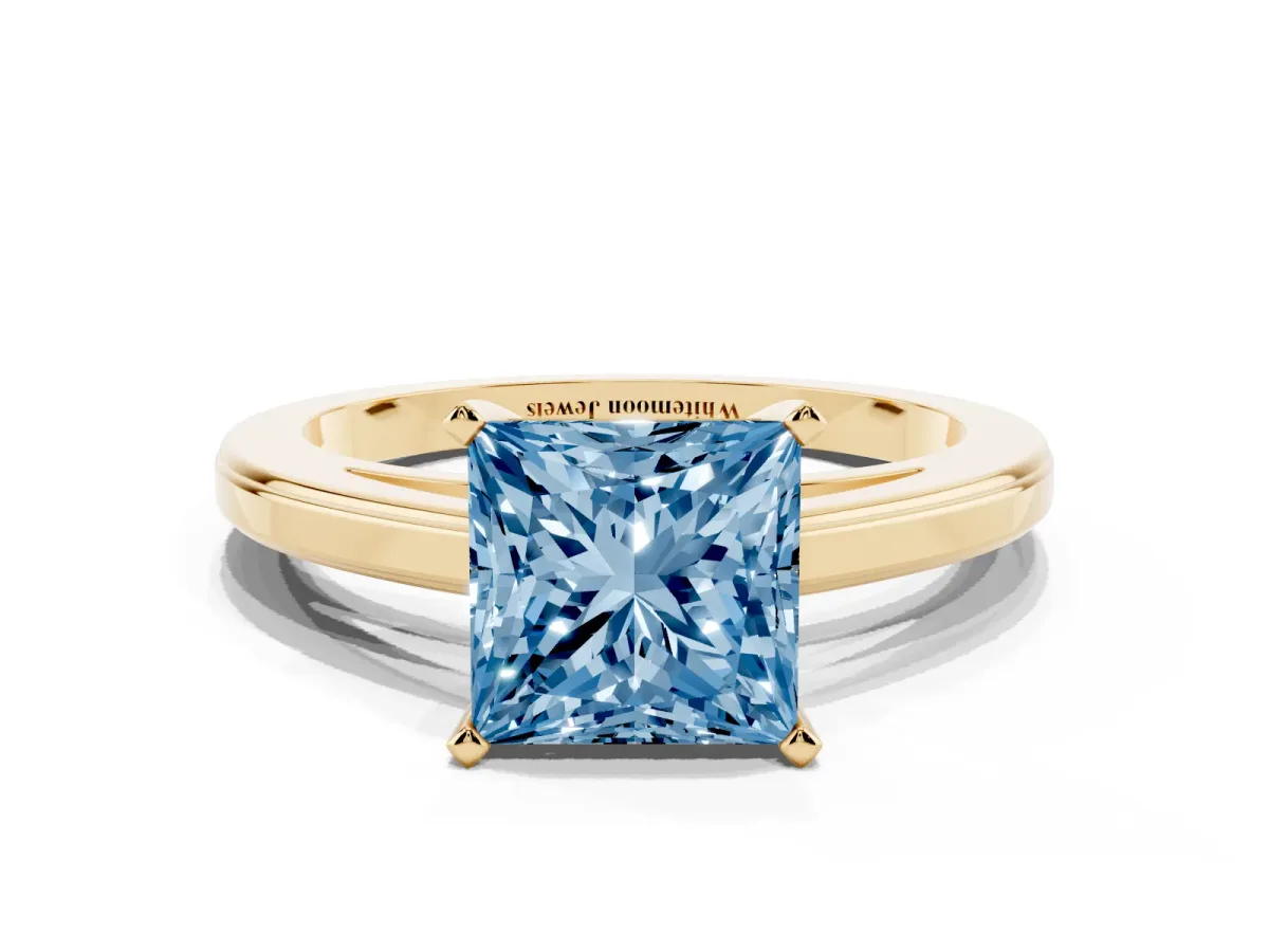 Fancy Blue Princess Cut Solitaire Diamond Ring with Four-Prong Setting and Classic Band Yellow gold
