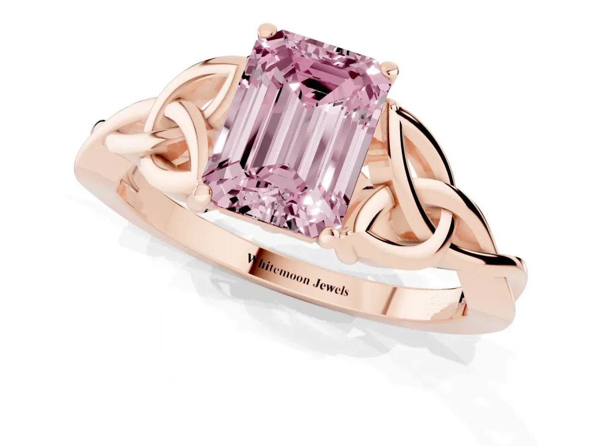 Fancy Pink Emerald Cut Diamond Solitaire Engagement Ring with Celtic Knot Band and Four-Prong Setting Rose gold