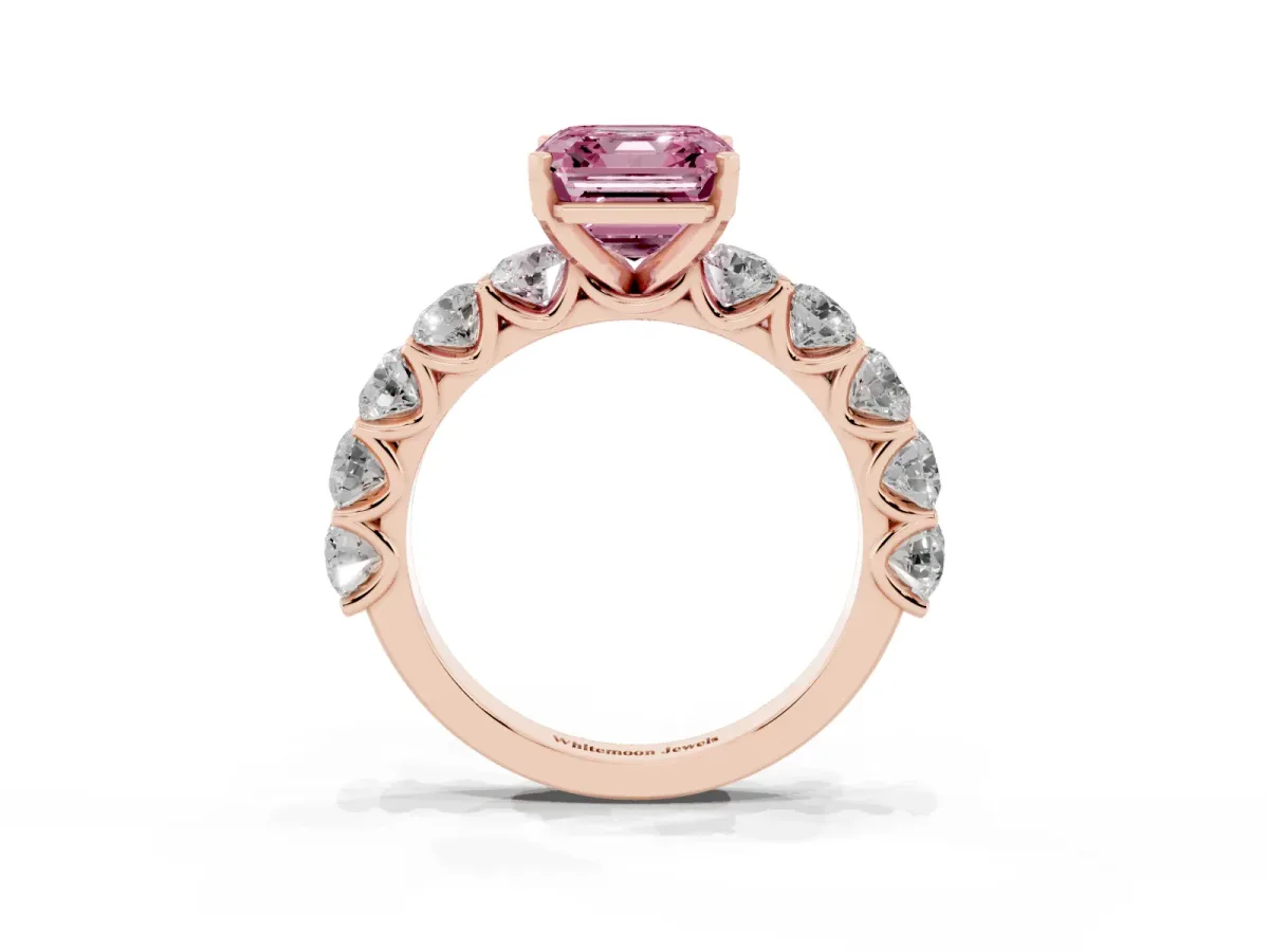 Fancy Pink Asscher Cut Diamond Prong Setting with Side Stones on a Pave Band Rose gold