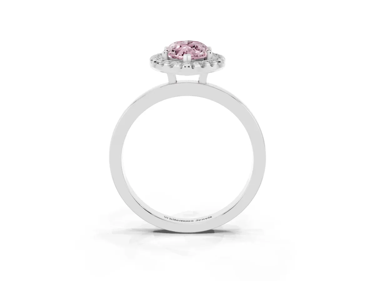 Fancy Pink Marquise Cut Halo Diamond Solitaire with Pavé Band and Four-Prong Setting White gold