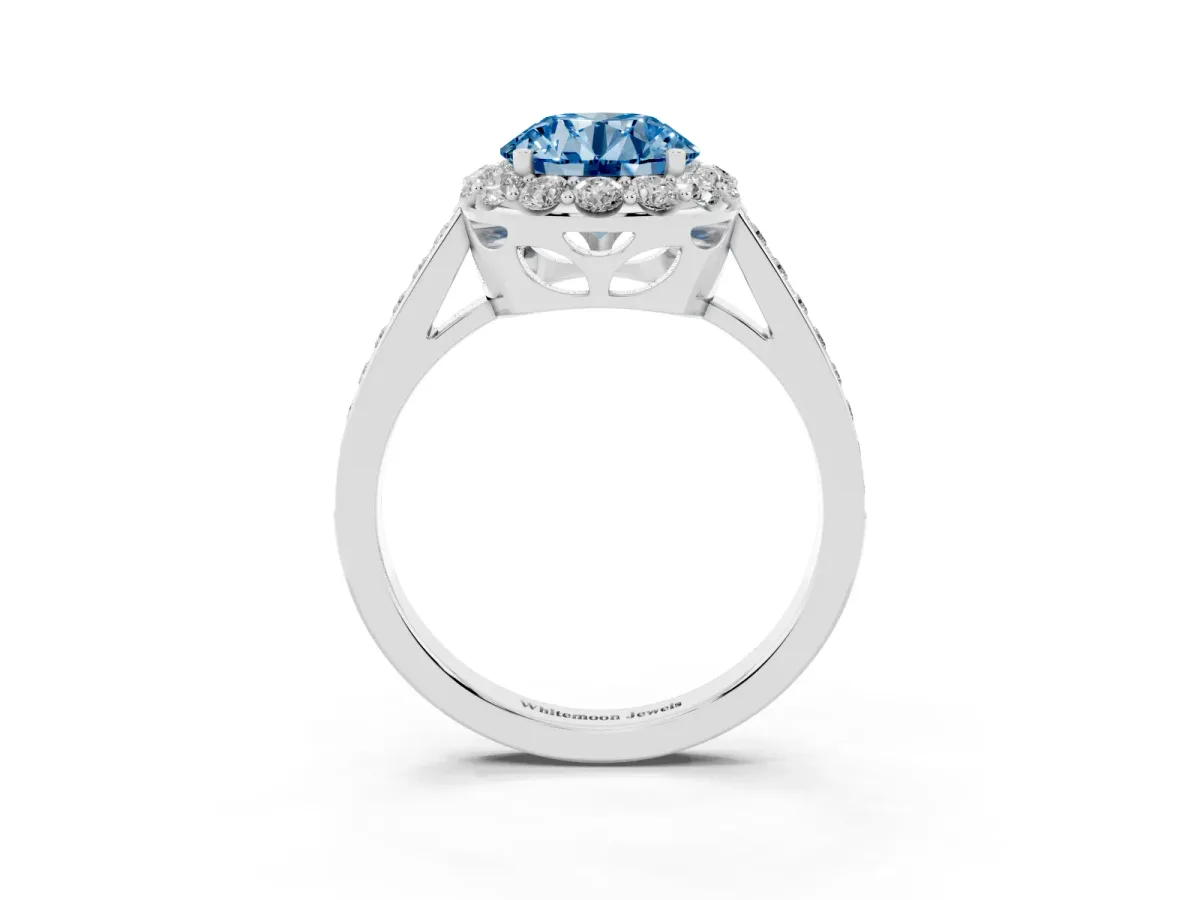 Fancy Blue Round Cut Diamond Floral Halo Ring with Pavé Band and Prong Setting Silver
