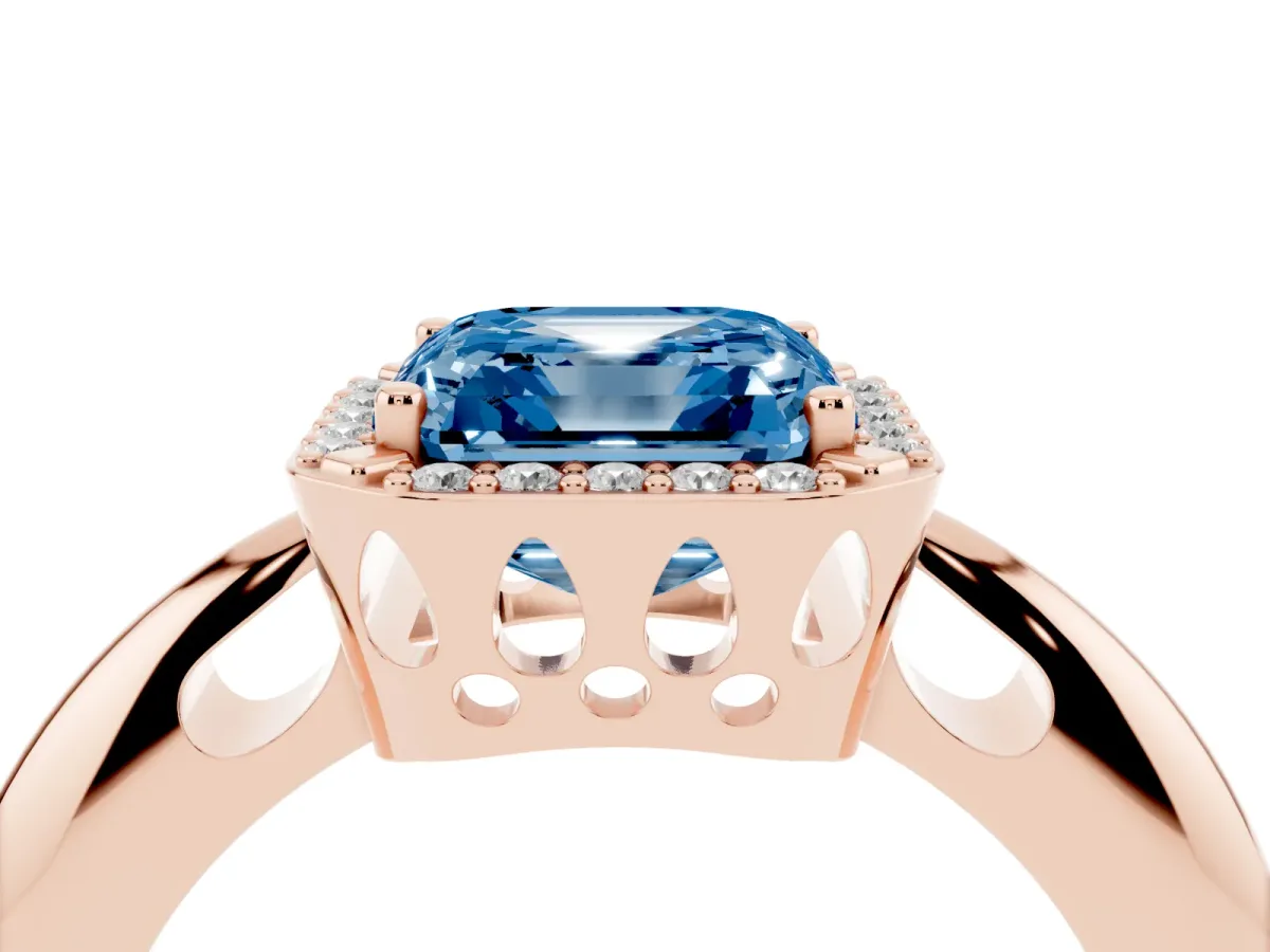 Fancy Blue Asscher Cut Cut Diamond Halo Engagement Ring with Split Shank and Four-Prong Setting Rose gold