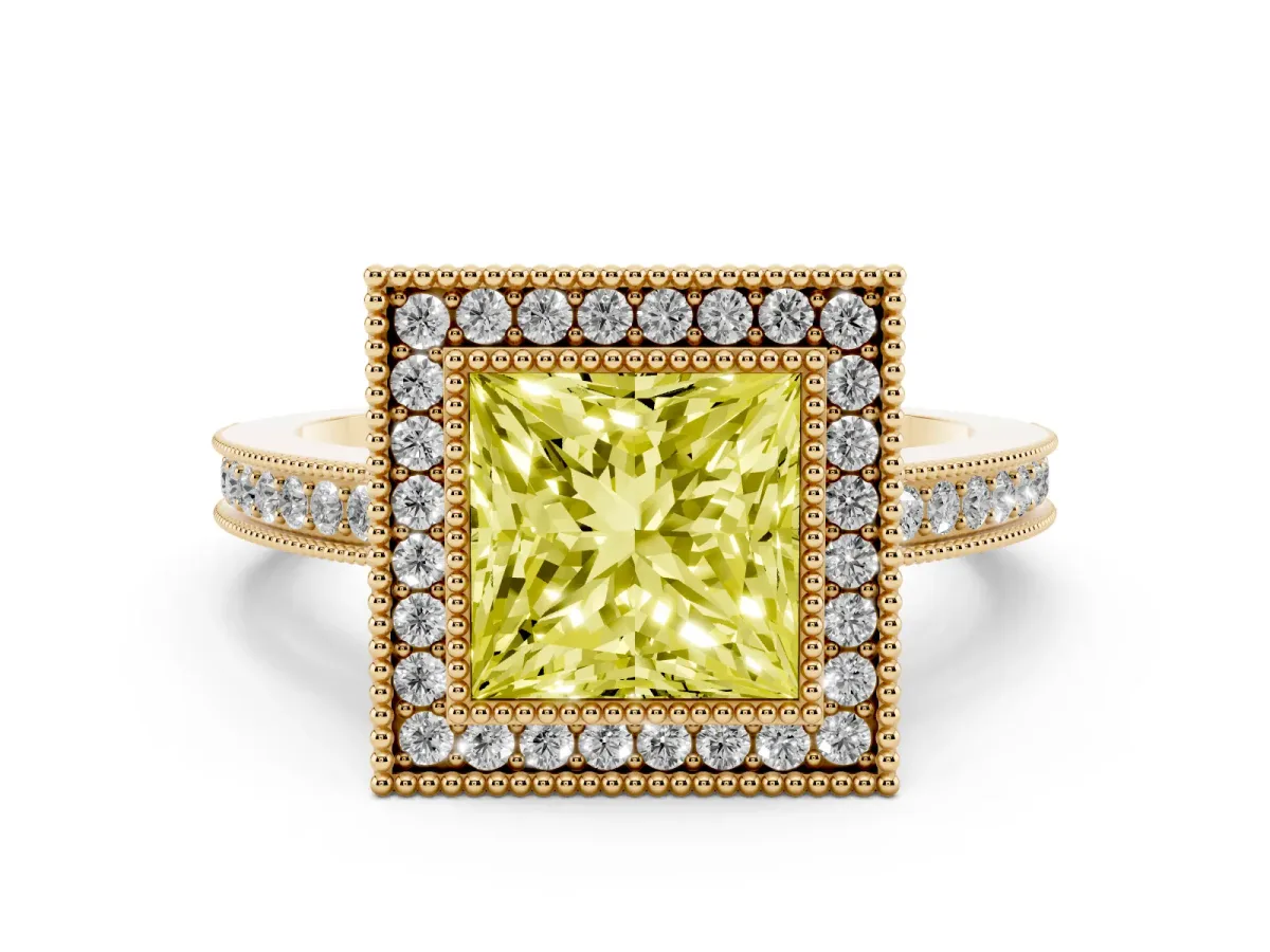 Fancy Yellow Princess Cut Cut Halo Diamond Ring with Pavé Band and Milgrain Prong Setting Yellow gold