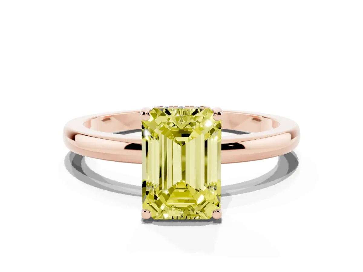 Fancy Yellow Emerald Cut Solitaire Diamond Ring with Prong Setting and Plain Band Rose gold