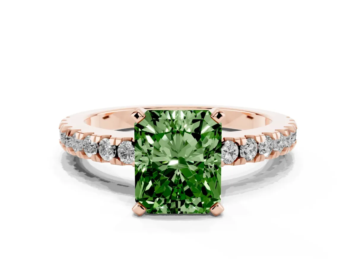 Fancy Green Radiant Cut Solitaire Diamond with Pavé Band and Four-Prong Setting Rose gold
