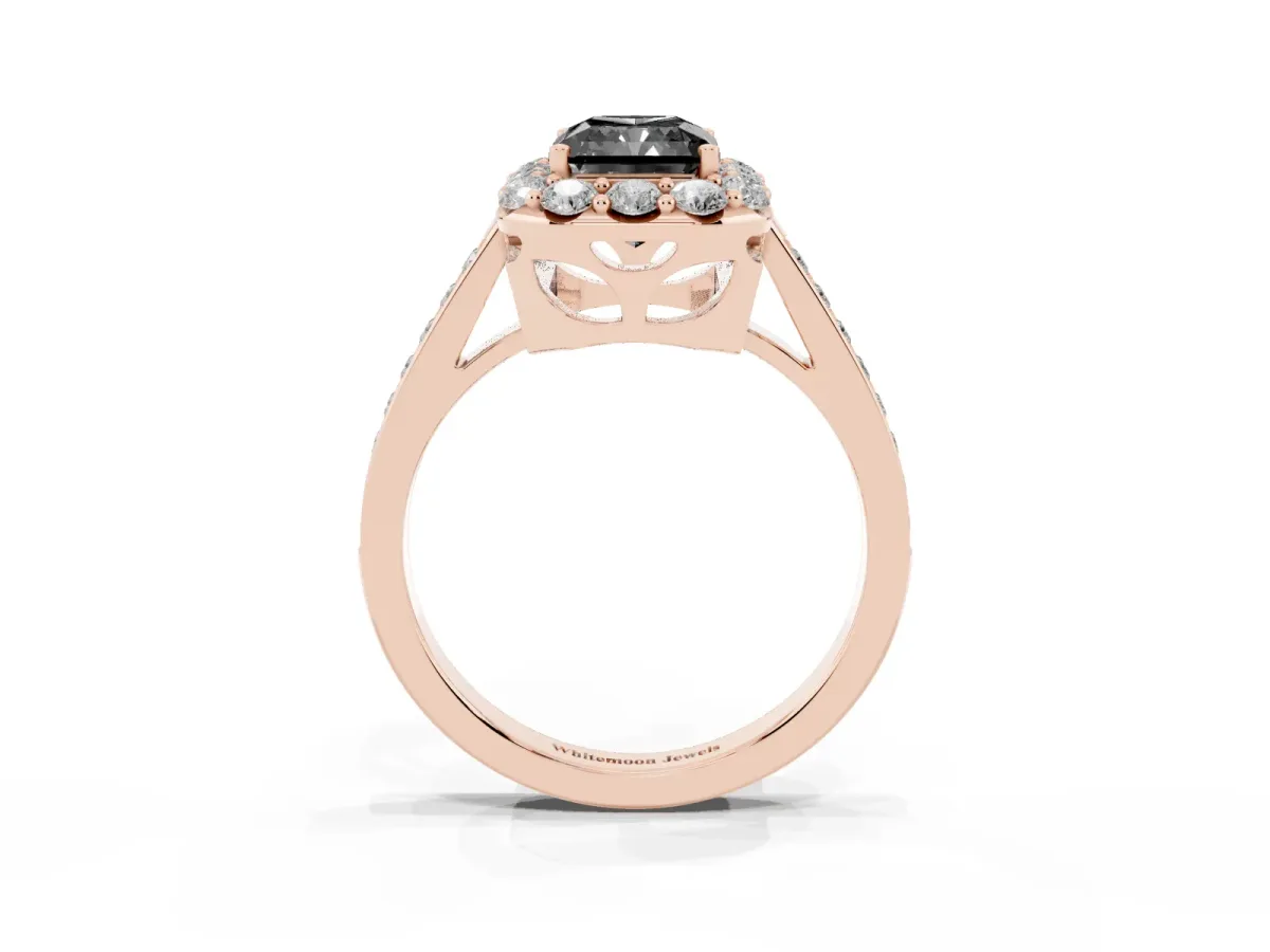 Fancy Black Radiant Cut Diamond Floral Halo Ring with Pavé Band and Prong Setting Rose gold