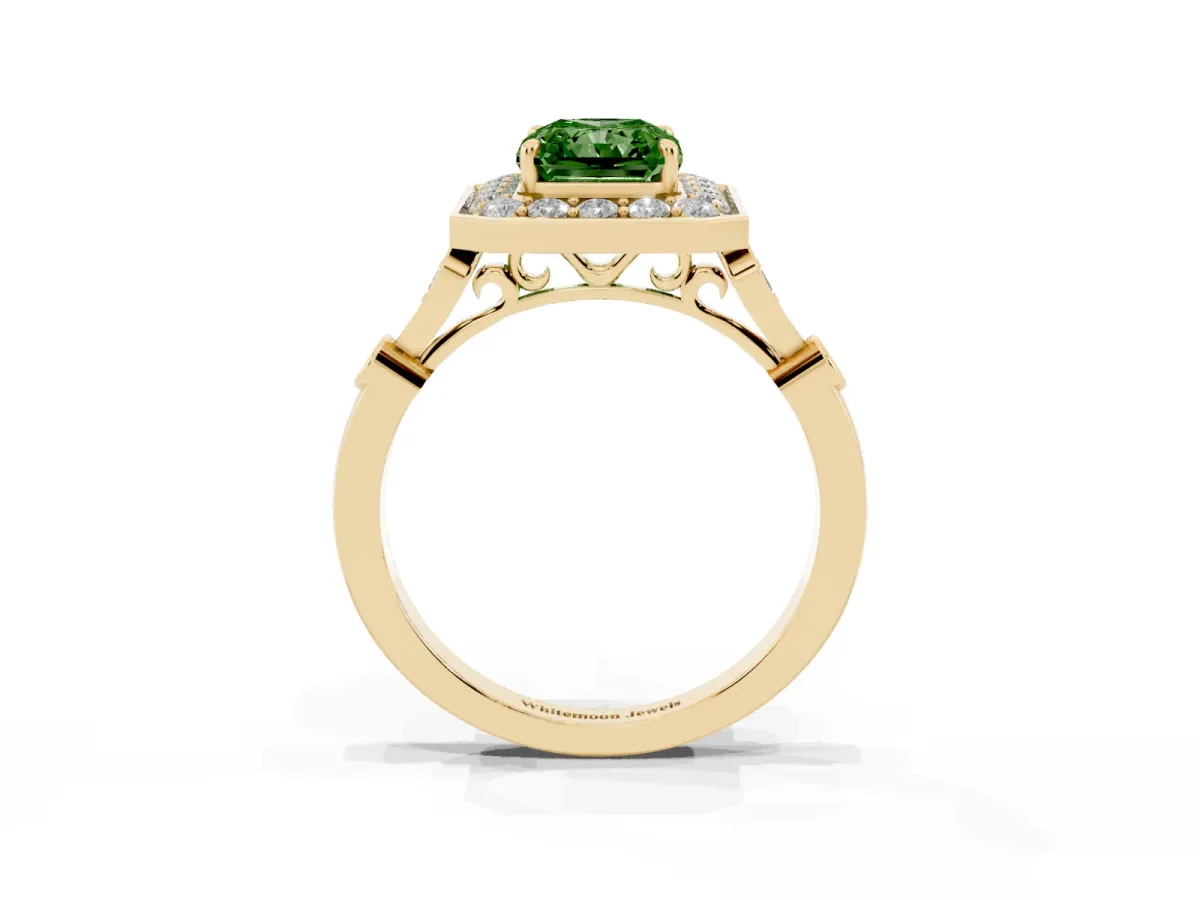 Fancy Green Radiant Cut Halo Diamond Engagement Ring with Twisted Band and Four-Prong Setting Yellow gold