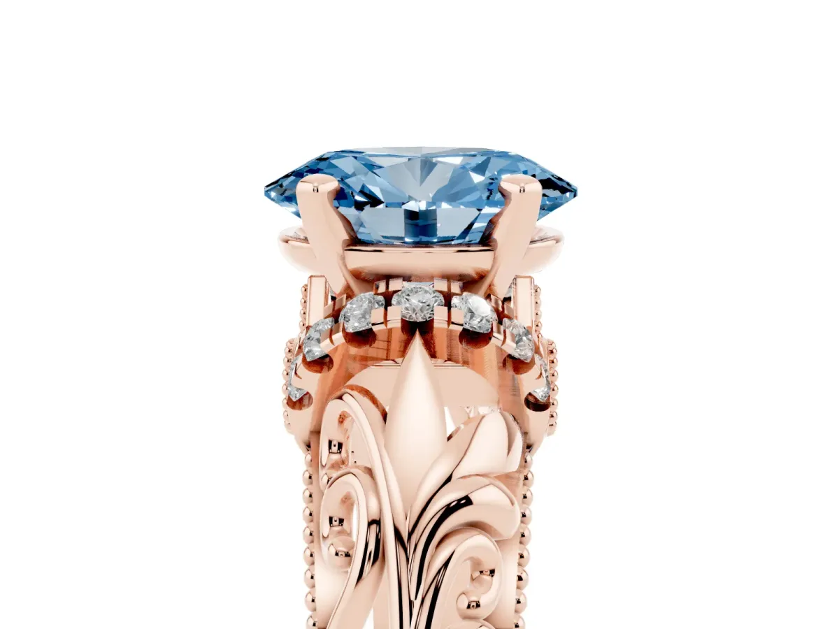 Fancy Blue Oval Cut Solitaire Filigree Engagement Ring with Halo and Prong Setting Rose gold