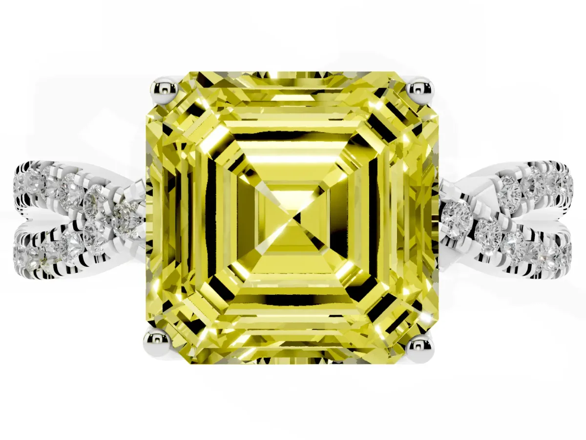 Fancy Yellow Asscher Cut Solitaire Twist Pave Diamond Engagement Ring with Prong Setting Silver