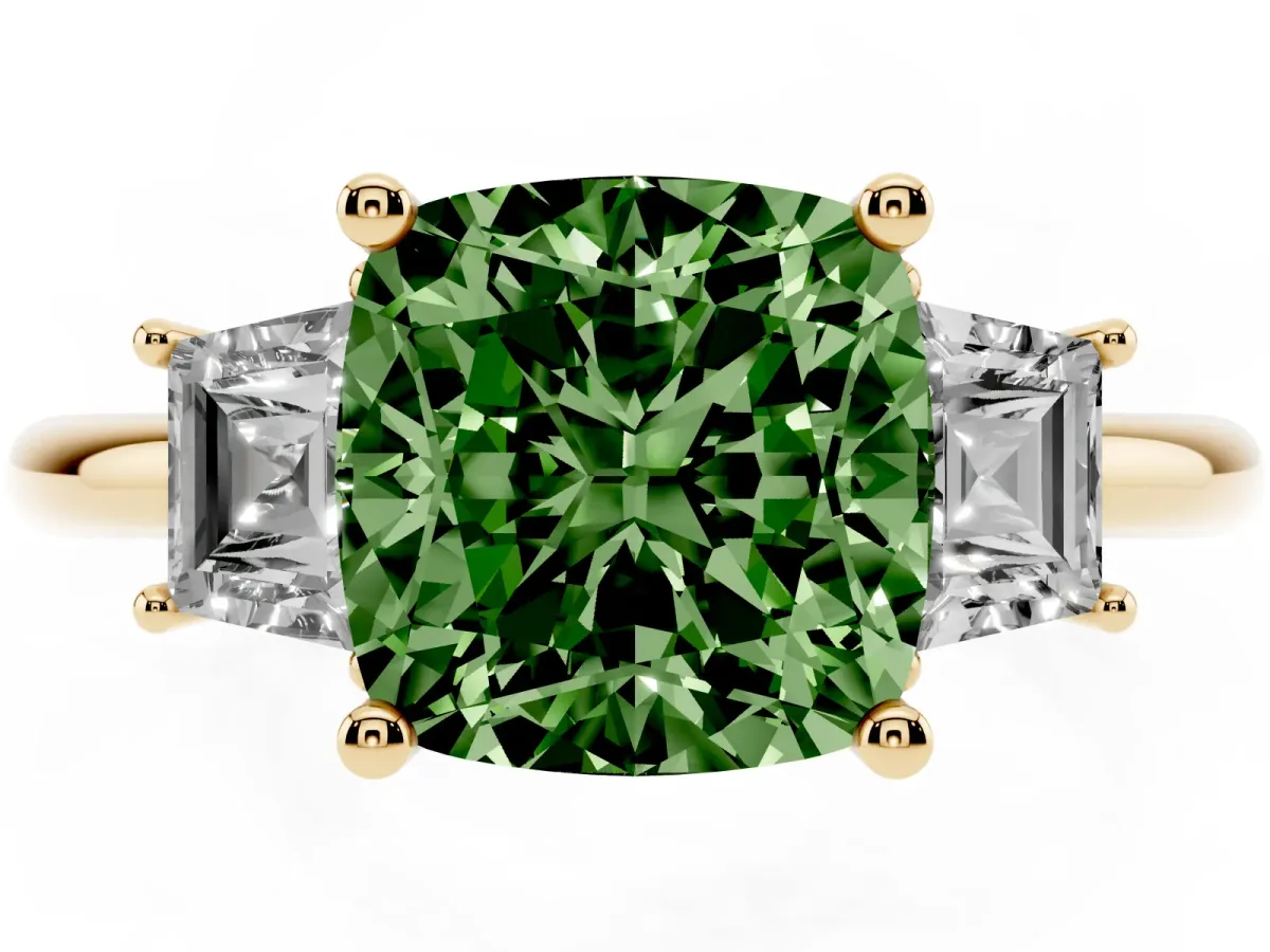 Fancy Green Cushion Cut Diamond Three-Stone Ring with Trapezoid Side Stones and Prong Setting Yellow gold