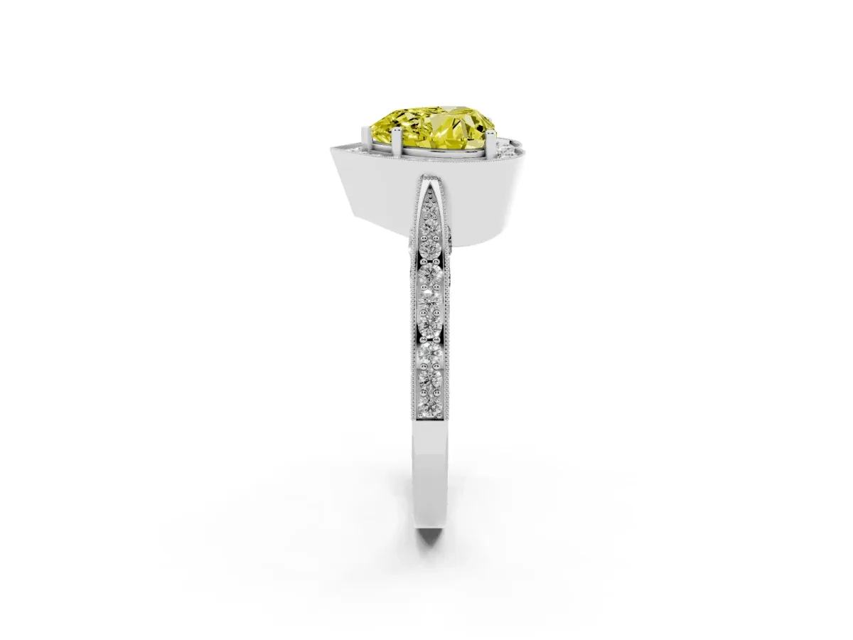 Fancy Yellow Heart Cut Halo Diamond Engagement Ring with Split Shank Band and Four-Prong Setting Silver