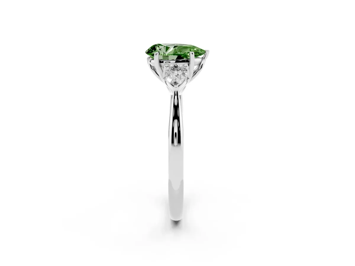 Fancy Green Three-Stone Pear Cut Brilliant Diamond Solitaire Ring with Tapered Band and Four-Prong Setting Platinum