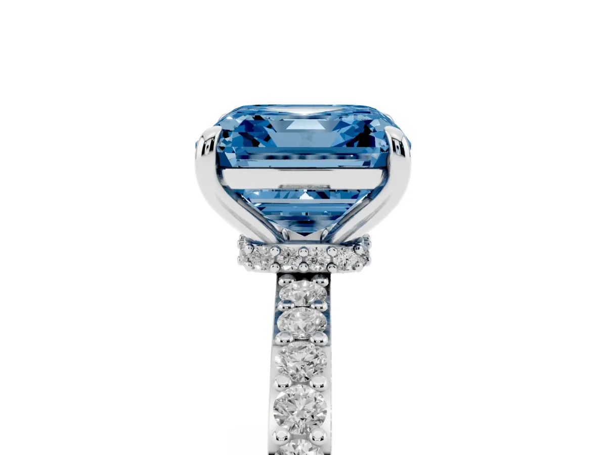 Fancy Blue Asscher Cut Diamond Solitaire Engagement Ring with Pavé Band and Four-Prong Setting Platinum