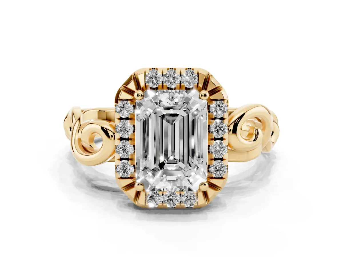 Emerald Cut Cut Halo Diamond Ring with Scrollwork Band and Four-Prong Setting Yellow gold