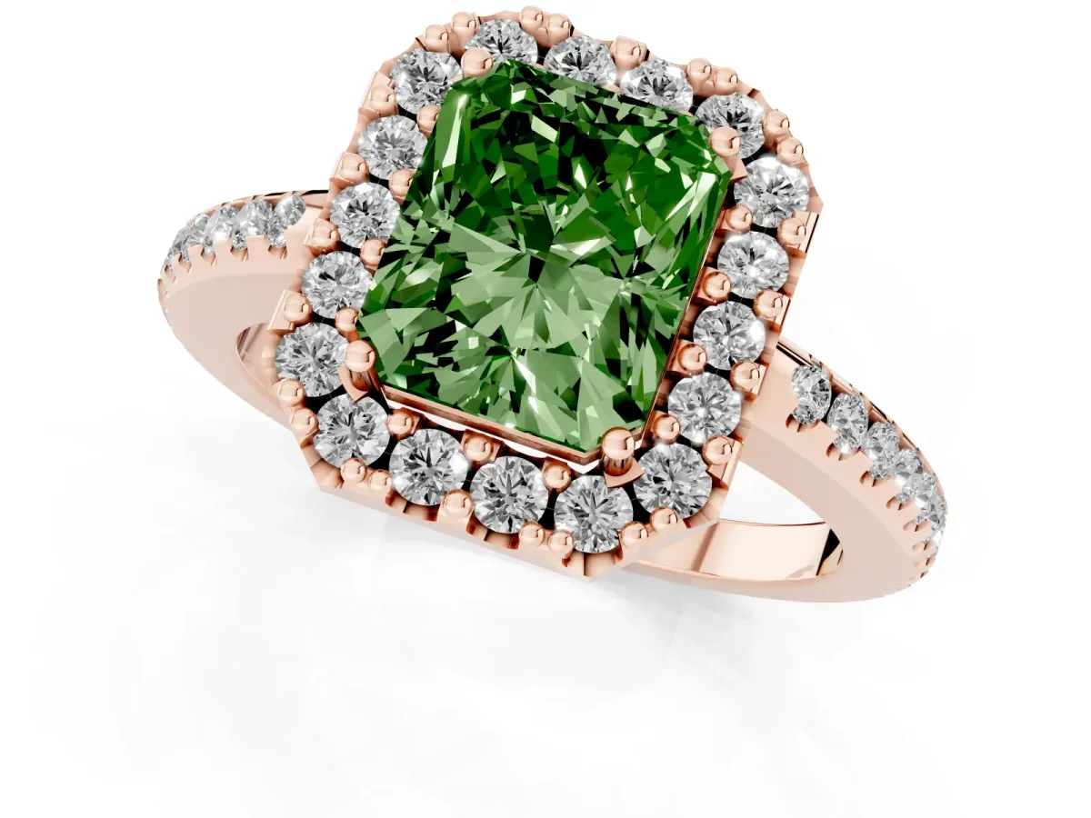 Fancy Green Radiant Cut Diamond Pavé Halo Ring with Four-Prong Setting Rose gold